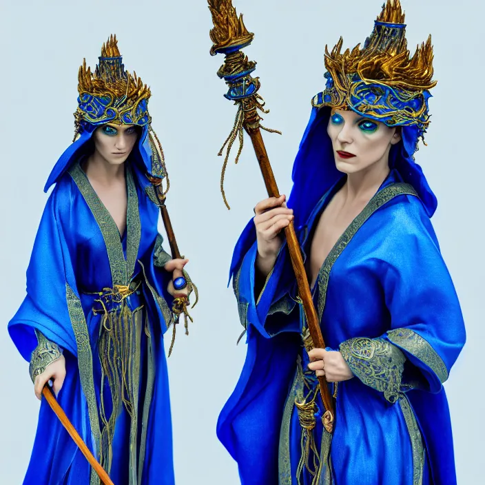 Prompt: photograph of a real-life beautiful elemental water witch with ornate blue robes and staff. Extremely detailed. 8k