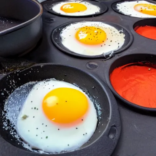 Prompt: Making sunny-side up eggs on a pan on magma flowing out of volcano, realistic, breathtaking, highly detailed
