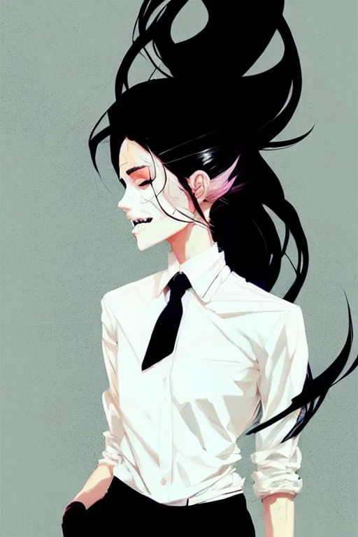 Image similar to a ultradetailed beautiful panting of a stylish woman, she is wearing a white shirt with a tie and black pants, by conrad roset, greg rutkowski and makoto shinkai trending on artstation