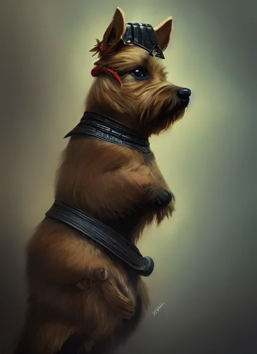 Prompt: norwich terrier as an samurai, backround dark, highly detailed, digital illustration, trending in artstation, modern painting, smooth, sharp focus, intricate, by peter mohrbacher