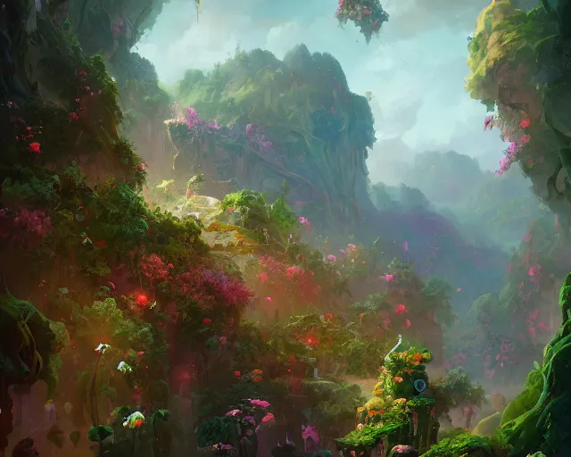 Image similar to An overgrown tall cliff full of vines, big colorful flowers, lush, magical atmosphere, by Peter Mohrbacher, digital art, trending on Artstation