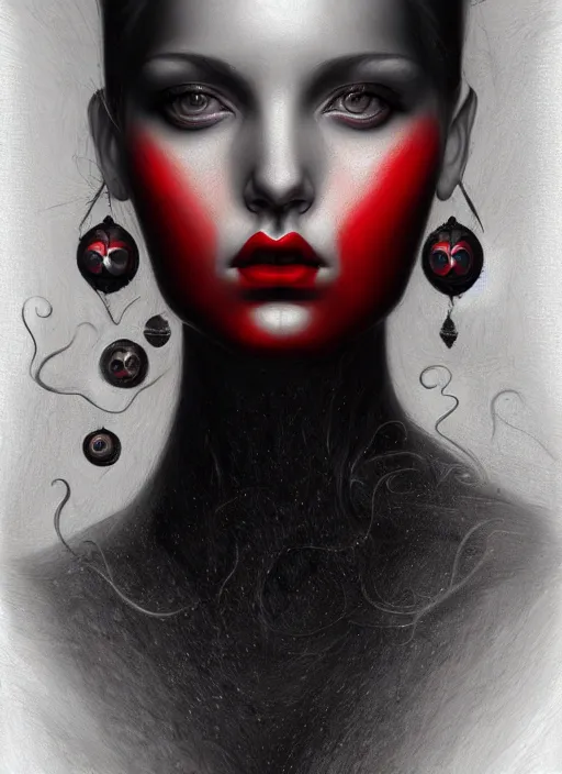 Prompt: surrealism sketch pencil hyperrealistic symmetrical high resolution portrait black and white red lips by james jean, manuel sanjulian, tom bagshaw