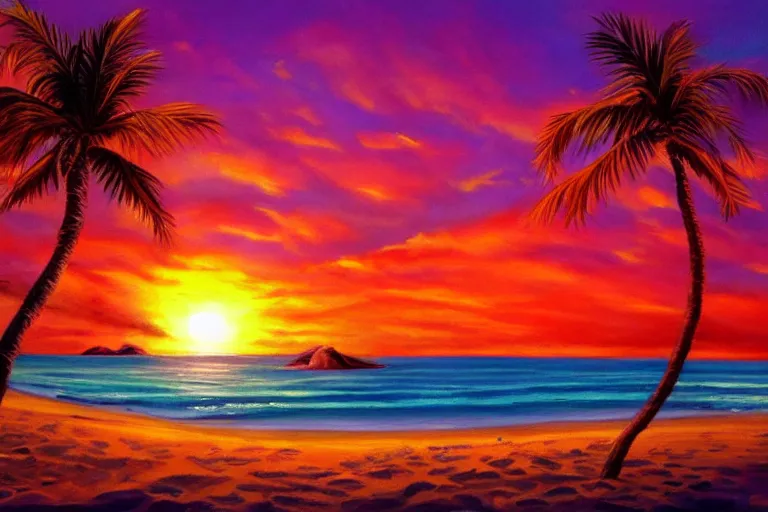 Prompt: beautiful painting of a fantasy tropical island beach, with sun, at sunset trending on artstation, purple orange red color scheme