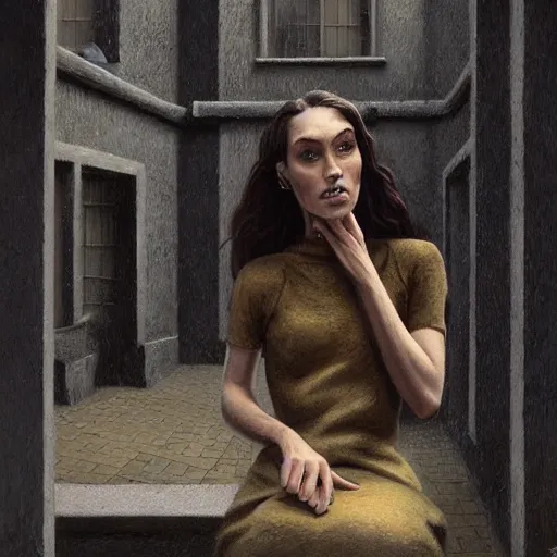 Image similar to detailed face of a clothed woman with obsidian eyes in a architectonic courtyard with whisps of smoke at a science expo, atmospheric, ambient, pj crook, syd mead, livia prima, artgerm, greg rutkowski, nick alm, casey baugh