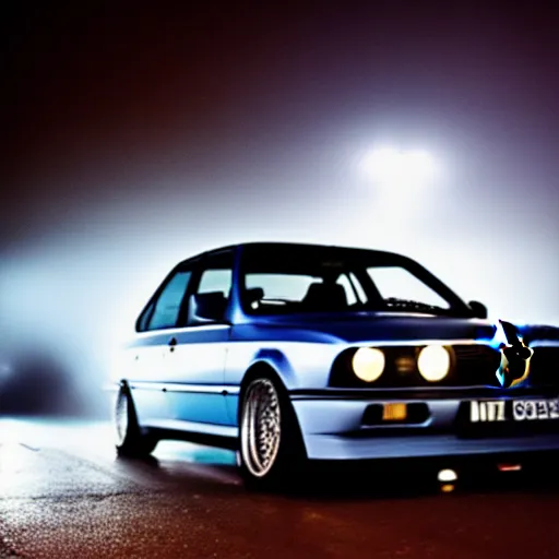 Prompt: a blue bmw e30 | nighttime | lights reflecting through haze and fog | darkness