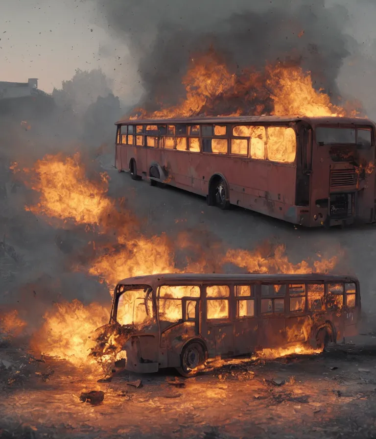 Image similar to a beautiful hyperrealistic detailed 3D render of a burning school bus, by Anton Otto Fischer, Atey Ghailan, genzoman, unreal engine, octane render, gigantic, 3D, brilliantly coloured, intricate, ultra wide angle, trending on artstation, embers, smoke, dust, dusk, volumetric lighting, HDR, polished, micro details, ray tracing, 8k