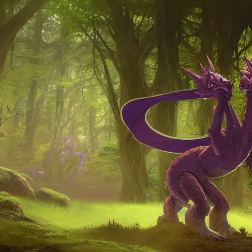 Image similar to concept art painting of an anthropomorphic purple humanoid bipedal dragon, in the deep forest, realistic, detailed, cel shaded, in the style of makoto shinkai and greg rutkowski and james gurney