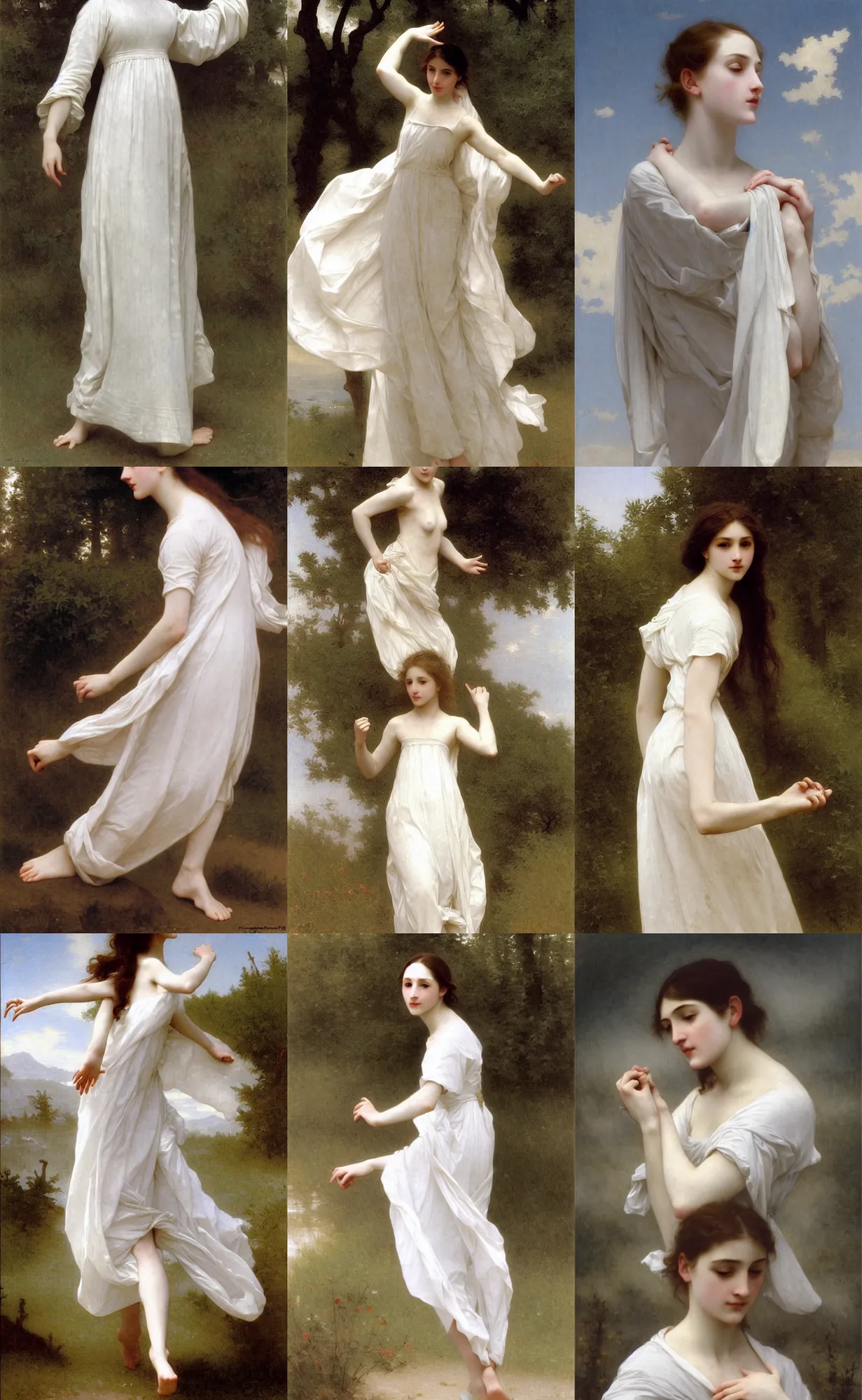 Prompt: young pale slender girl, elegant, athletic, white cloth in wind, bouguereau and bowater