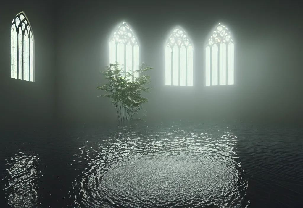 Image similar to kodak portra 4 0 0 photographic and realistic, interior cathedral, detailed, octane render, unreal engine, 8 k, artstation, hyper realistic, wide angle, floor flooded how a lake, hole objects that float, 3 5 mm, sharp focus, soft light, epic volumetric light fog, in the style of gregory crewdson