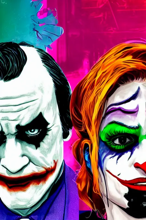 Prompt: joaquin phoenix as joker and lady gaga as harley quinn, fix duplicate content!, fix broken content!, violet polsangi pop art, gta chinatown wars art style, bioshock infinite art style, incrinate, realistic anatomy, hyperrealistic, two colors, white frame, content balance proportion