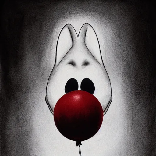 Image similar to charcoal drawing of bugs bunny with a wide smile and a red balloon by Zdzisław Beksiński, loony toons style, pennywise style, corpse bride style, creepy lighting, horror theme, detailed, elegant, intricate, conceptual,