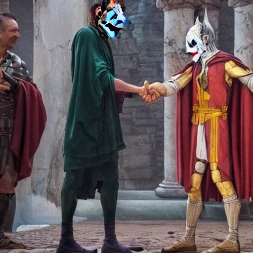 Image similar to cinematic shot of the joker shaking hands with julius caesar in ancient rome, 8 k, very detailed, very intricate,