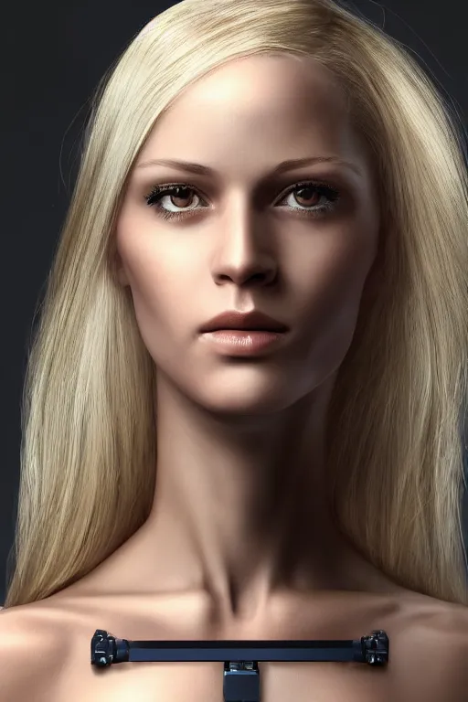 Image similar to robot with human face, female head, full body angle, woman human face, human face realistic, beautiful blonde hair, human head, human head with blonde hair, blonde hair human head, blonde hair, human realistic face, human head skin, cyborg frame concept, cyborg by ales-kotnik, sci-fi android female, the body is made of wires, robotic body, cyborg body, cyborg bust body, robot body cyborg, full body