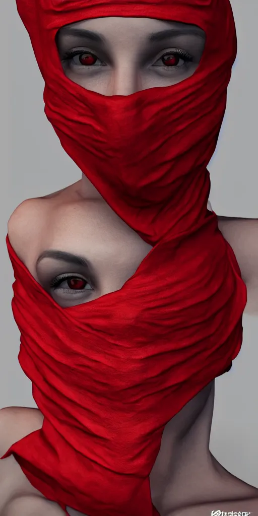 Image similar to woman with cloth covering her face, highly detailed, modern, digital art, red color, unreal engine, photorealism, cinematic lighting, 8k photorealistic, dramatic, trending on artstation