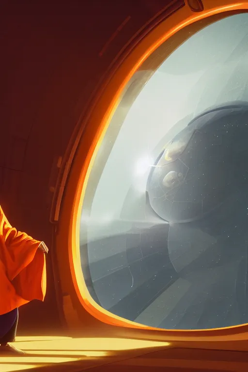 Image similar to portrait of a monk in a spaceship, round window, exploding planet, orange robe, dramatic lighting, artstation, matte painting, ralph mcquarrie