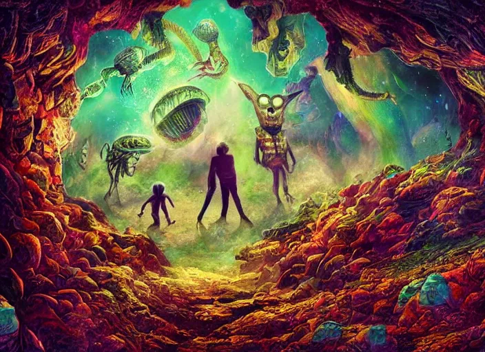 Image similar to aliens hybrids, in a beautiful crystal cave, lowbrow, amazing colorful background, digital art, concept art, beautiful composition, in the style of mark ryden, 3 - d 4 k,