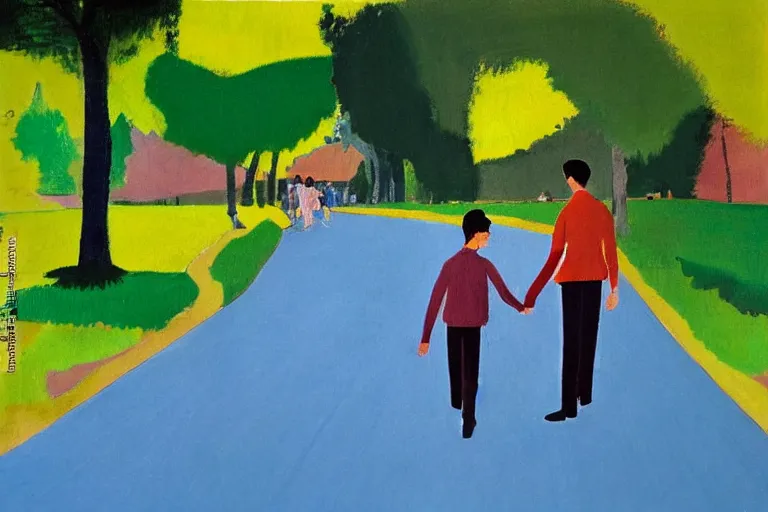 Image similar to a tall man with dark hair holding the hands of a small boy with dark hair as they walk down a suburban highway on a bright beautiful colorful happy day. part in the style of an edgar degas painting. part in the style of david hockney