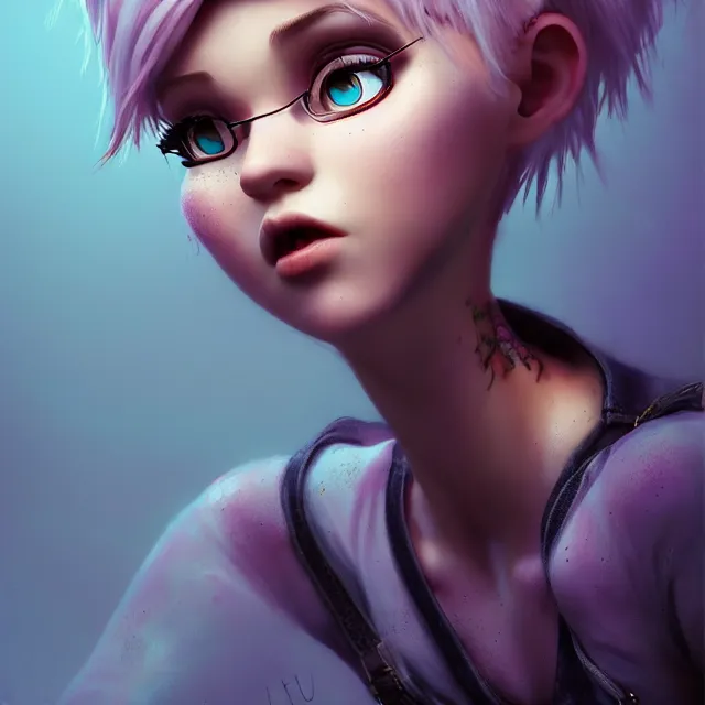 Image similar to full body pose, beautiful adult fairy, pixar, short white hair shaved sides, dirty, grungy, grunge, long sleeve, painted overalls, stacks of giant books, highly detailed, 4 k, hdr, smooth, sharp focus, high resolution, award - winning photo, artgerm, photorealistic