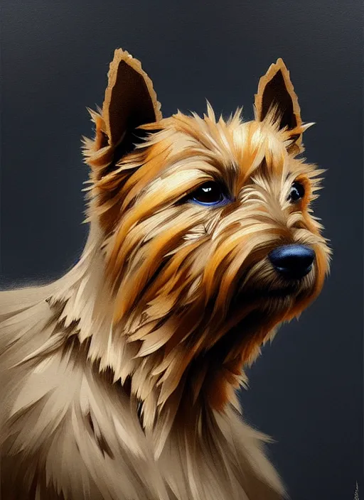 Image similar to norwich terrier as an soldier, backround dark, highly detailed, digital illustration, trending in artstation, modern painting, smooth, sharp focus, intricate, by peter mohrbacher