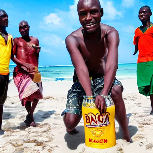 Image similar to bang man drinking bongo beer on tanzania on bongo beach dancing to bongo music Africa bongo people and love, realistic photo, surreal place