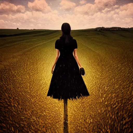 Image similar to giant black sunflower face, girl walking in wheat field, hills, surreal photography, dark night, star trails, dramatic light, impressionist painting, clouds, digital painting, artstation, simon stalenhag