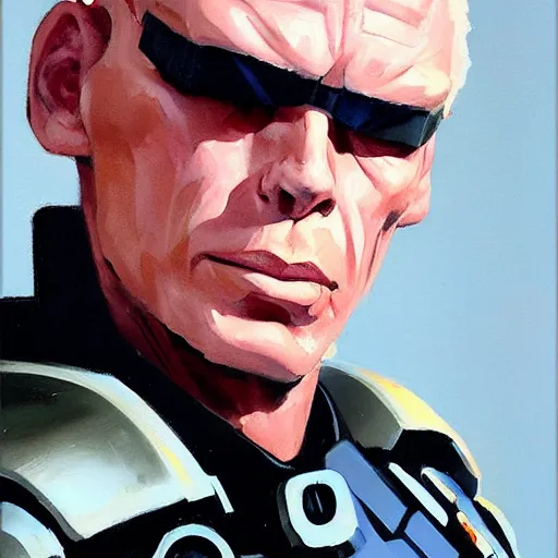 Image similar to greg manchess portrait painting of peter weller combined with the robocop as overwatch character, 8 0 ies aesthetic, medium shot, asymmetrical, profile picture, organic painting, sunny day, matte painting, bold shapes, hard edges, street art, trending on artstation, by huang guangjian and gil elvgren and sachin teng