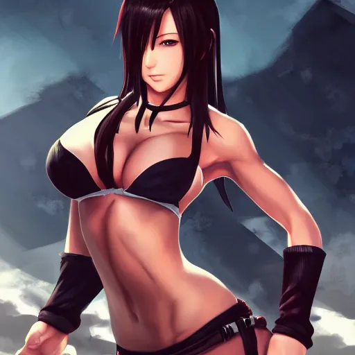 Image similar to high quality art of tifa lockhart with muscled abs, trending on artstation