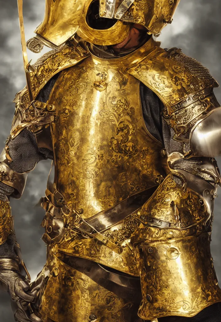 Image similar to man in royal decorated with gold medieval baroque style armor and helmet and big golden cross on his chest rennaisance art style high resolution high detail 4k