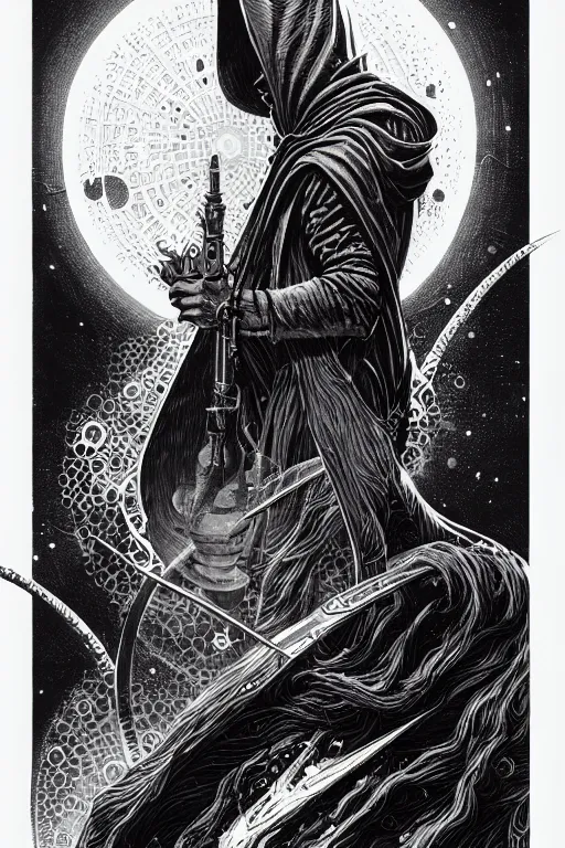 Image similar to side view of a cloaked ancient alchemist steampunk wizard casting a spell, high details, lineart, by vincent di fate and joe fenton,, inking, screen print, masterpiece, trending on artstation, sharp, high contrast, hyper - detailed, hd, 4 k, 8 k