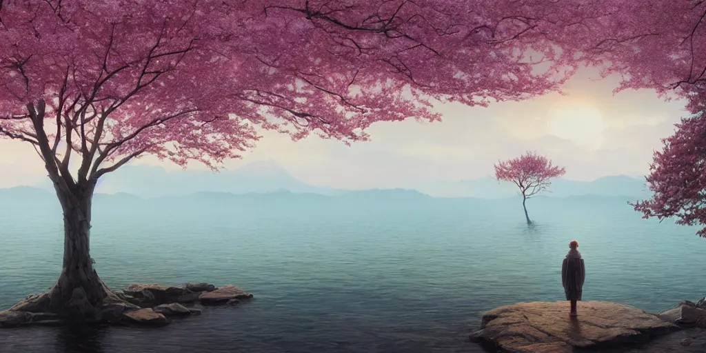 Image similar to a single sakura tree upon a lake, viewed from a distance, stephen bliss, unreal engine, illustration, fantasy art by greg rutkowski, loish, rhads, ferdinand knab, makoto shinkai and lois van baarle, ilya kuvshinov, rossdraws, tom bagshaw, global illumination, radiant light, minimalist, detailed and intricate environment