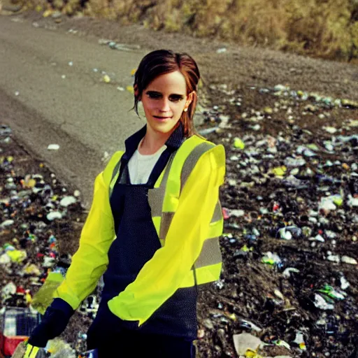 Image similar to photo, close up, emma watson in a hi vis vest picking up trash on the side of the interstate, portrait, kodak gold 2 0 0,