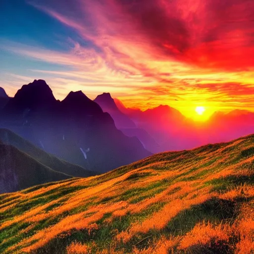 Image similar to Chill wallpaper of mountains in front of a sunset, highly detailed, colourful, peaceful