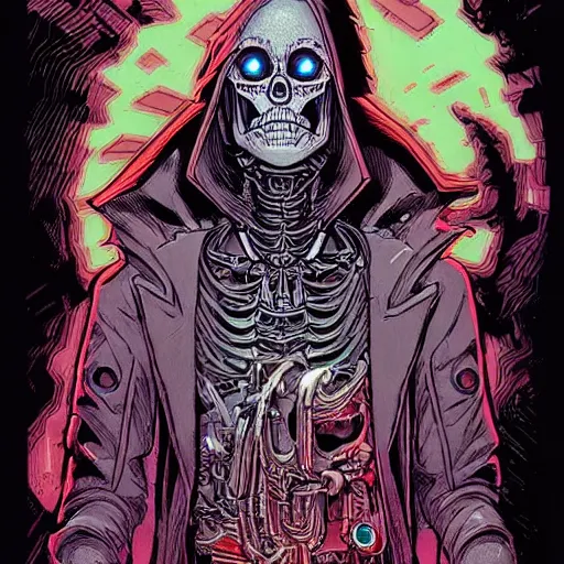 Image similar to portrait of a cybernetic evil undead skeleton sorcerer, cyberpunk concept art by josan gonzales and moebius and enki bilal and and dan mumford and jean claude meziere and philippe druilleg