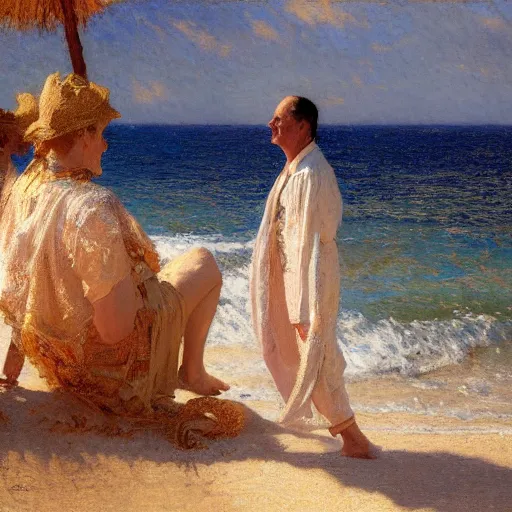 Image similar to detailed cinematic shot of jeff bezos with white clothes in the mediterranean beach, spring light, painting by gaston bussiere, craig mullins, j. c. leyendecker