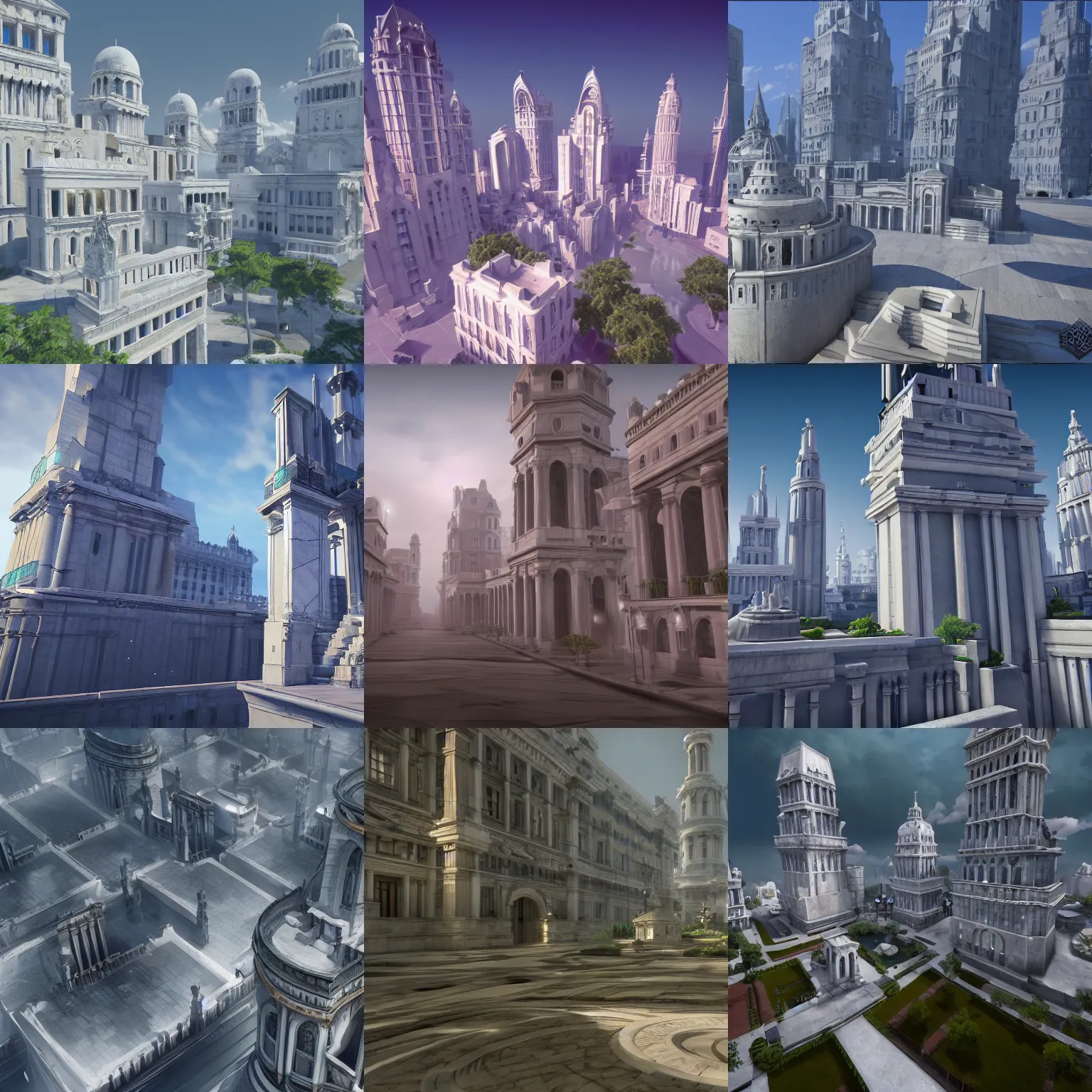 Prompt: fantasy city, white marble buildings, high towers, artstation, anime, high realism, 8k, unreal engine