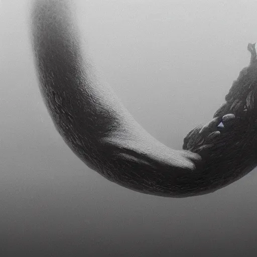 Image similar to a gigantic cyclope emerging from underwater, gazing to the darkened sky, old 3 5 mm, black and white, photorealistic