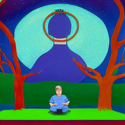 Image similar to A painting of mr mackey from south park meditating under a tree designed by flooko, alex grey,