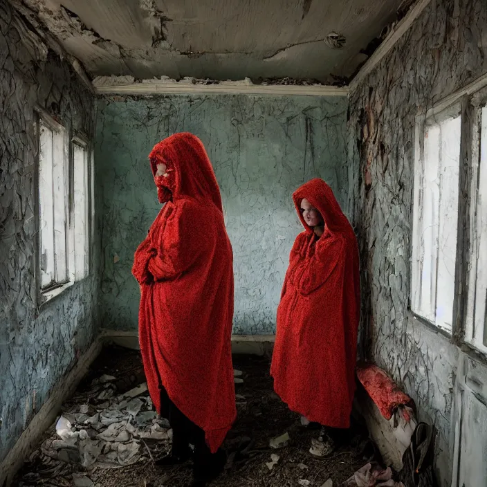 Image similar to a woman wearing a hooded cloak made of zinnias and barbed wire, in a derelict house, by Petra Collins, natural light, detailed face, CANON Eos C300, ƒ1.8, 35mm, 8K, medium-format print