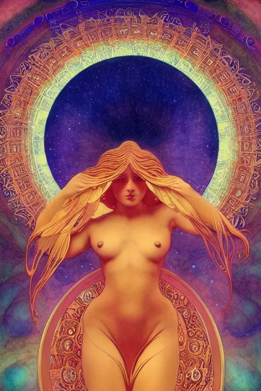 Prompt: beautiful goddess of space and dreams by maxfield parrish and artgerm, mandala, coherent design, perfect symmetry, vivid colors, digital watercolor ink illustration painting, complementary color, golden ratio, detailed, sharp lines, sharp focus, intricate, rainbowshift, gustave dore, alphonse mucha, octane render
