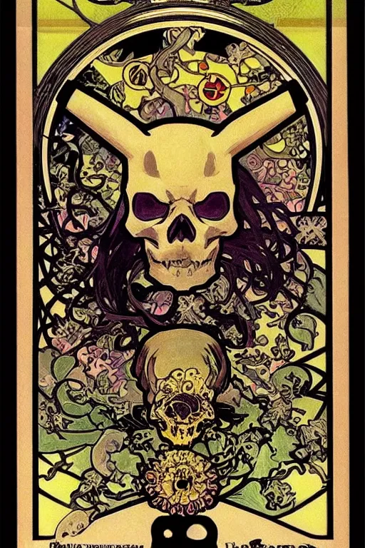 Image similar to skull of pikachu pokemon portrait in tarot style by Alphonse Mucha, detailed intricate, art nouveau