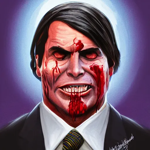 Image similar to horrifying portrait of dark - bolsonaro, soul redeemer smiling down from above, his gaping jaw dripping with his enemies blood, artstation