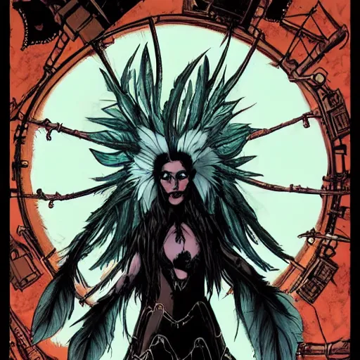 Image similar to Jennifer Connelly as dark fae gothic atompunk evil Disney villain queen with black feather hair, feathers growing out of skin, shedding feathers, in front of space station window, Mike mignola, trending on artstation, comic book cover, illustration