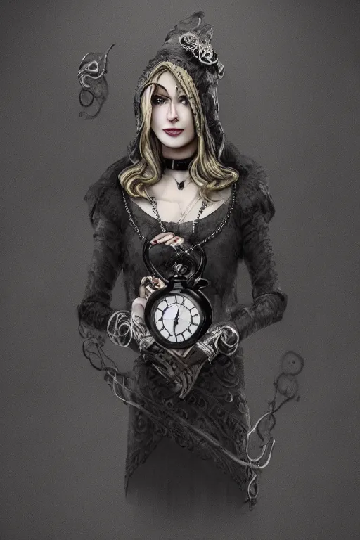 Prompt: a timekeeper with a pocket watch face. silk hat, full body, dark fantasy, concept art, gothic, intricate, ornate, ultra realistic, octane render