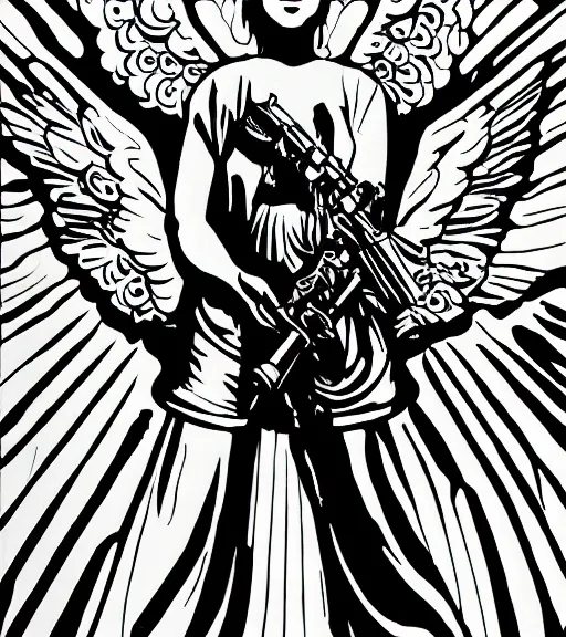 Prompt: illustration of a resting face gothic statue angel, wearing sunglasses, holding up in hand a M134 Minigun, ink brush black background , by Mike Mignola, black on white only, symmetrical, sharp curves, detailed face, 8k, print ready
