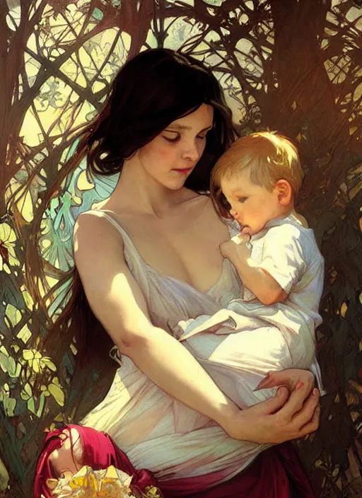 Prompt: a mother holding her baby, beautiful painting by artgerm and greg rutkowski and alphonse mucha