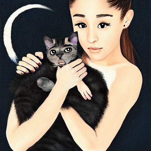 Image similar to ariana grande holding an extremely annoyed, hissing cat, painting by 奈 良 美 智