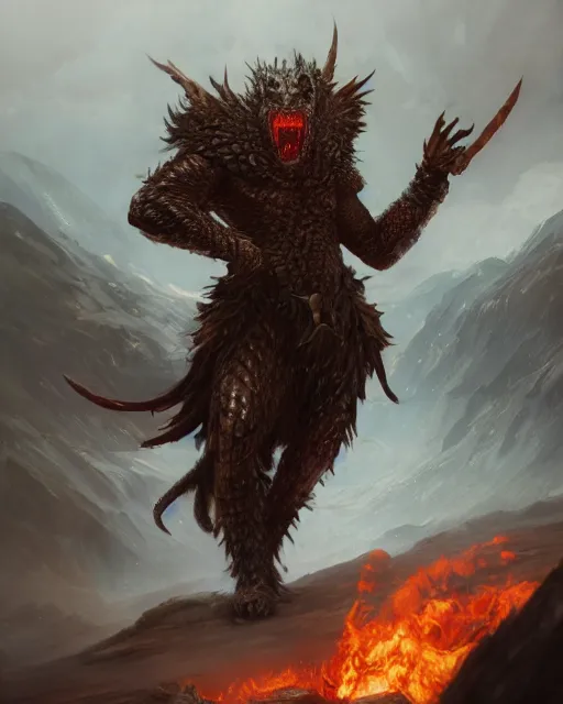 Image similar to oil painting of Angry Anthropomorphized Snake Berserker, wearing fur armor, claws, sharp focus, attack pose, fantasy style, octane render, volumetric lighting, 8k high definition, by greg rutkowski, highly detailed, trending on art Station, magic the gathering artwork, burning Battlefield background, centered