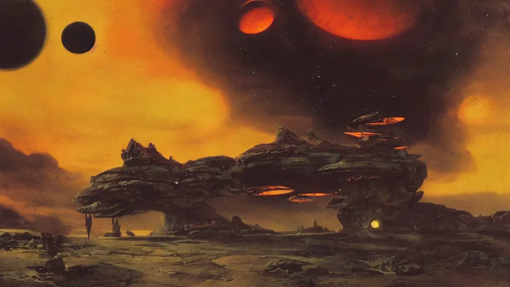 Image similar to eerie atmospheric alien planet with a small dropship pod landing by paul lehr and jack gaughan and john schoenherr, epic cinematic matte painting