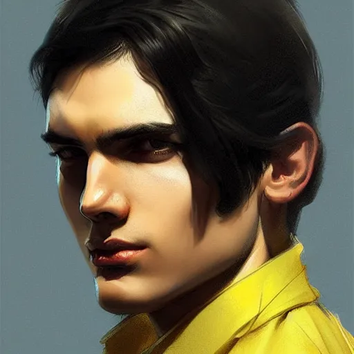 Image similar to ultra realistic illustration, a young man with black hair, in a checkered yellow and black shirt, with blue eyes, highly detailed, digital painting, artstation, concept art, smooth, sharp focus, illustration, art by artgerm and greg rutkowski and alphonse mucha