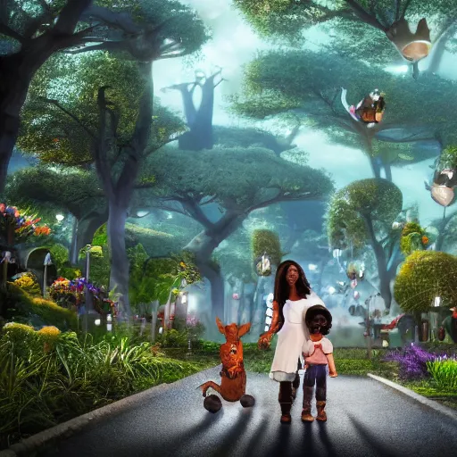 Image similar to stunning, coherent, impressive, detailed still of black family in a fantasy dream world park, follow shot, 3d, in the style of pixar, comic book style, 3d, highly detailed, sharp focus, bokeh, depth of field, 16k resolution, Unreal Engine 5, coherent, cinematic lighting, photorealistic, by Zhang Jingna